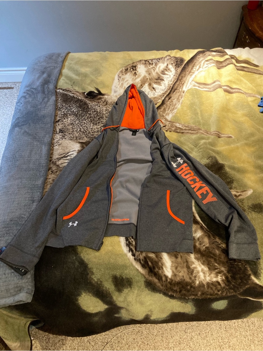 Under Armour Gray Zip-Up Hoodie with Orange Hood Lining and Accents